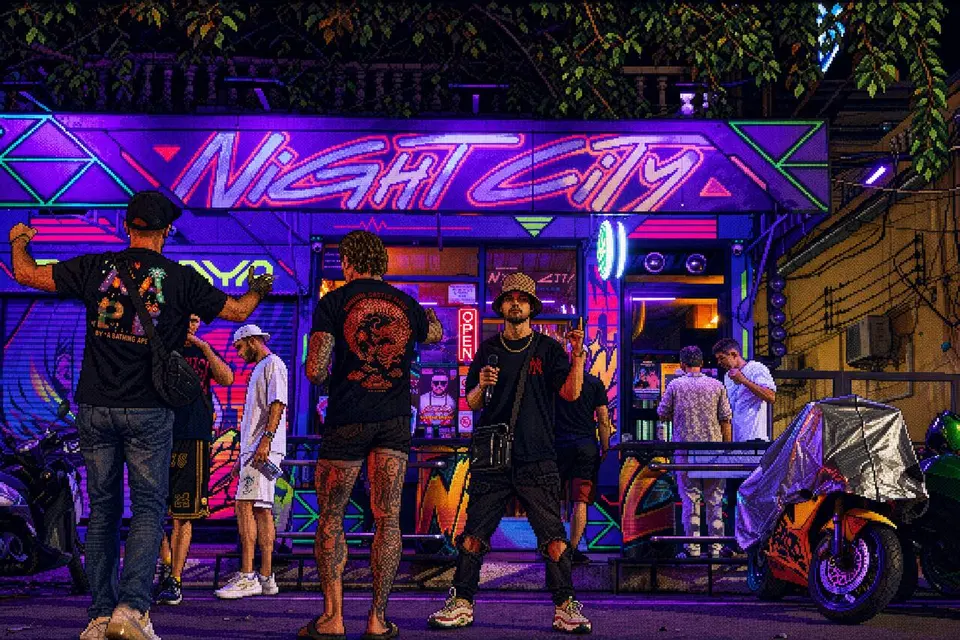 Неоновая вывеска Night City на фасаде бара ночью